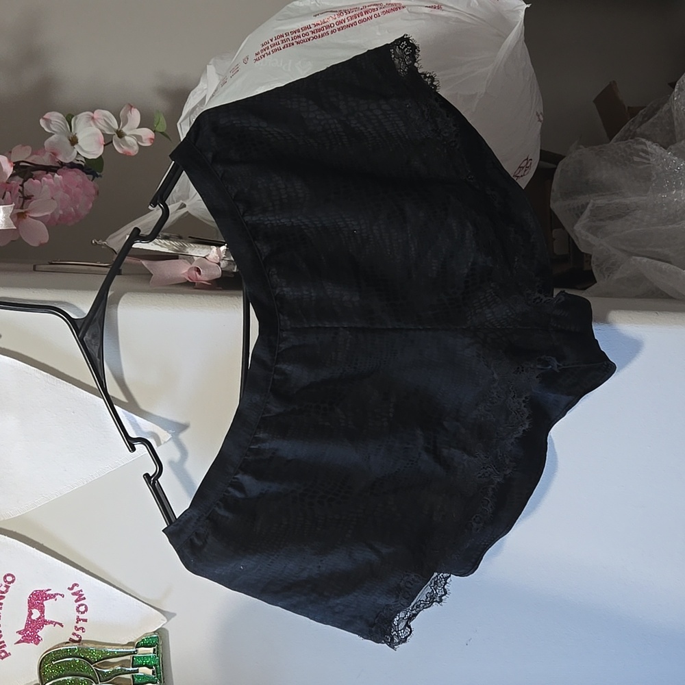 VS bed shorts - black satin texture with lace